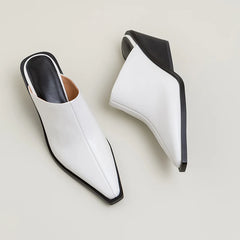 Ladies Genuine Leather Mules Fashion Med Chunky Heels Summer Wedges