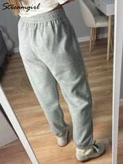 Sweatpants Women Winter Straight Leg Fleece Pants Elastic Waist Gray Velvet Trousers