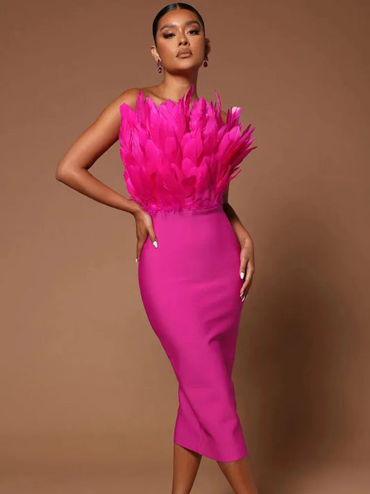 Strapless Brown Pink Feathers Bodycon Bandage Dress Elegant Midi Evening