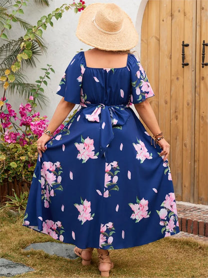 Plus Size Summer Flower Floral Print Long Dress Women V-Neck Backless Fashion Ruffle Pleated Ladies Dresses Loose Woman Dress