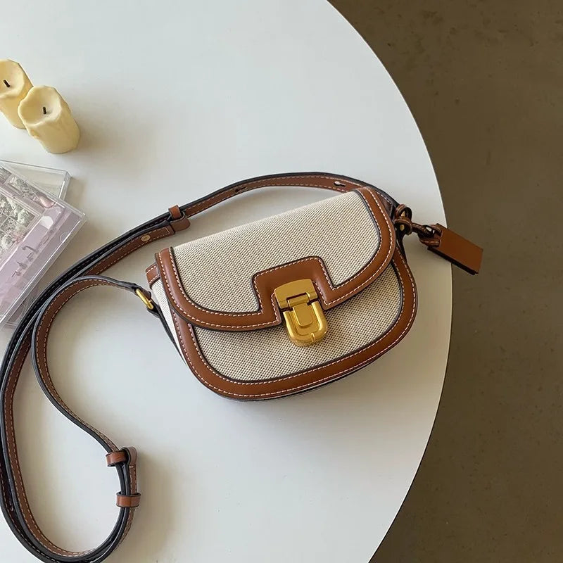 Contrast Panel Canvas Retro One Shoulder Crossbody Saddle Bag