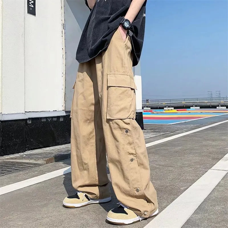 2022 New Men Cotton Cargo Pants Harajuku Style Straight Casual Pants for Men  Solid Big Pockets Loose Wide Leg Design Trousers