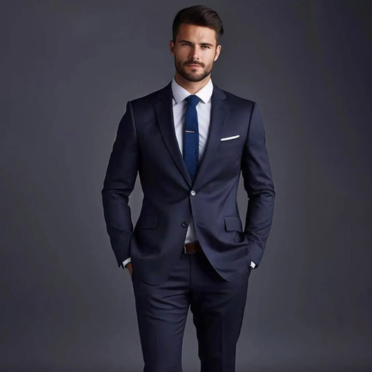 Navy Blue Solid Men Suits Fashion Notch Lapel Single Breasted 2 Piece