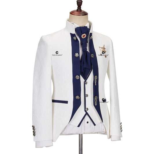 Tuxedo for Mens: Men Suits Blue and White Floral Paisley Jacket Waist Coat Pants