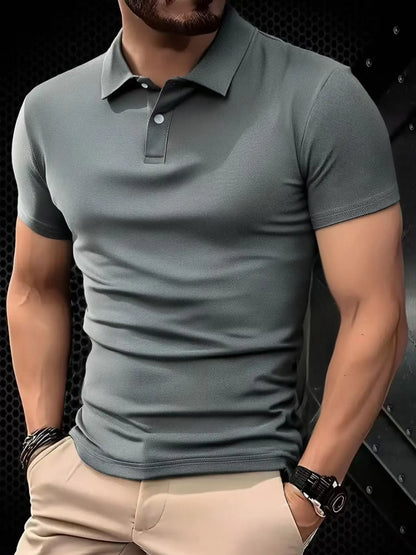 2025 New Summer Men's Short Sleeve Collar Tshirts New Solid Color Casual Polo Shirt Trendy Breathable Loose Basic Splice Top