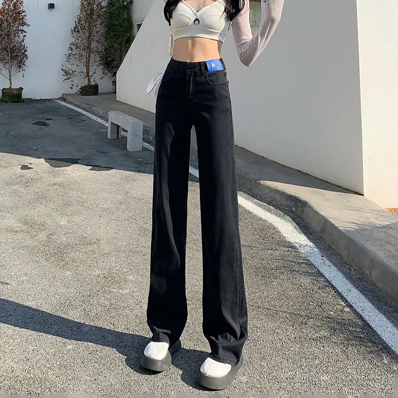 Summer Lyocell Jeans Women Blue Black High Waisted  Straight Wide Leg Denim