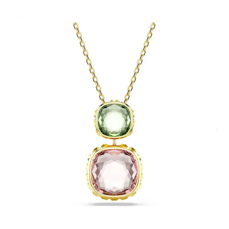 Original 2025 Fine Jewelry Set for Women Green Crystal Pink Crystal Geometric Bracelet Octagonal Cut Crystal Romantic Gift