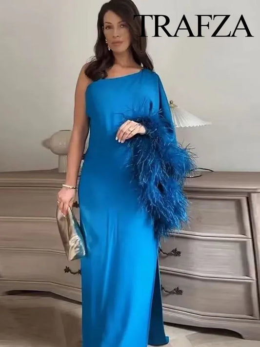 Evening Dresses: Women Fashion Elegant One Shoulder Feather Dress Loose