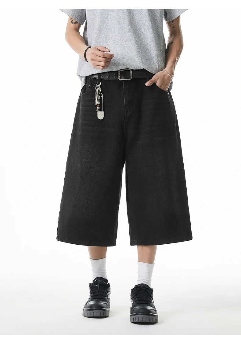 2025 Summer Men's Wide Leg Jeans Shorts Vintage Distressed Wash Y2K Straight Elastic Waist Loose Casual Relaxed Fit