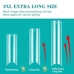 240PC Professional 3XL Extra Long Clear Square Nail Tips 12 Sizes Half Cover Acrylic Nails NO C CURVE Long Square Fake Nail Tips