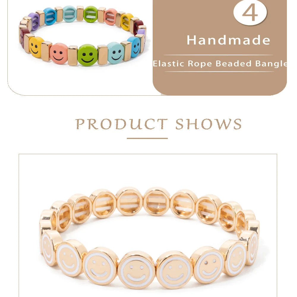 2024 New Happy Bangle Paved Diamond Enamel Beaded Bracelets For Women Boho Gold Color Elastic Bracelets