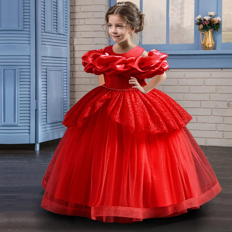 Girl's pearl sequin princess dress 4-10 years old fashionable one shoulder fluffy skirt Birthday wedding flower girl performance