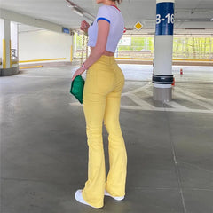 Women Stretch Flare Yellow Ripped Jeans Lady Vintage Y2K Punk High Waist Denim Pants