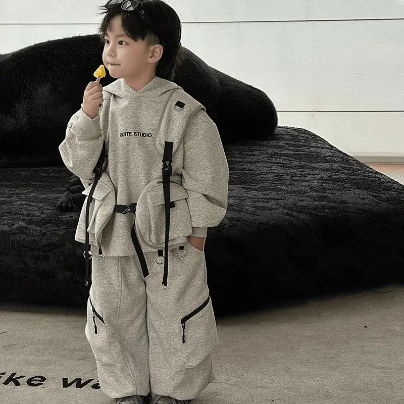 Fashion Boys Suits spring Autumn Pocket Letter Pullover Hooded Top+ Loose Pants 3pcs Kids Sets Casual Sportwear Handsome Clothes