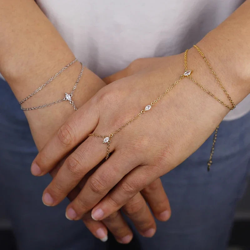 2025 New Geometric Marquise Cubic Zirconia CZ Paved Double Wrist Hand Chain Bracelet Simple Fashion Women Finger Slave Jewelry