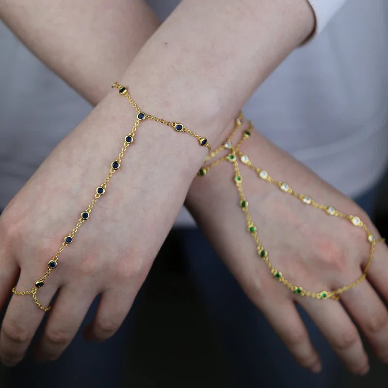 2023 Summer Jewelry Pendant Link Chain Ring Bracelet for Women White Green Blue Stone CZ Gold Plated Adjust Bracelet Accessories