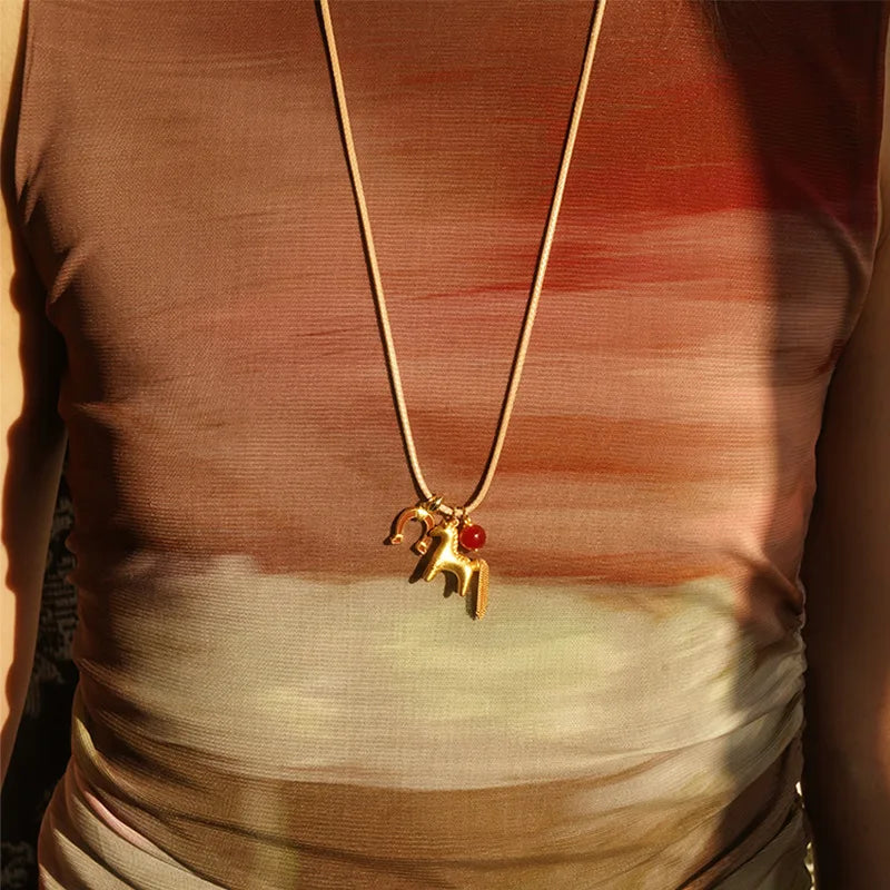 Minar Funny Metallic Cartoon Horse Multi Tassel Beads Pendant Necklaces for Women Female Adjustable Long Wax Rope Chain Chokers
