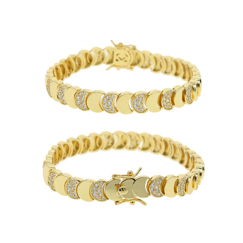 Gold Color Fashion Women Jewelry Set Geometric Shiny Plain Paved 5A CZ Moon Shaped Chain Choker Necklace Bracelet