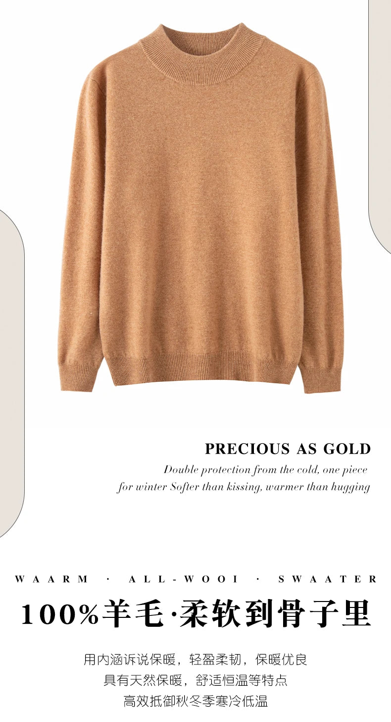 Fashion Men's 100% Wool Pullover Half-high Collar Sweater Autumn Winter Warm Top