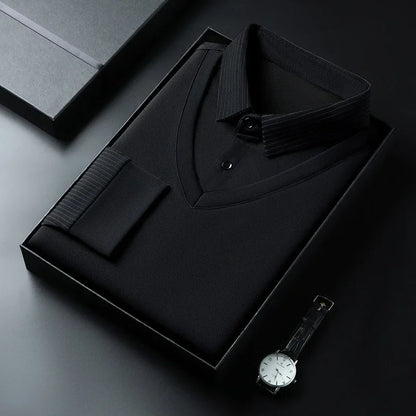 2025 New Men's Casual and Fashionable Long Sleeved Solid Color Fake Two-piece Polo Shirt Business All Season Versatile Top