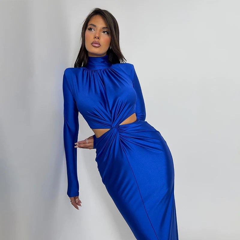Formal attire Dresses: Out Knotted Maxi Dress For Women Spring Fall Turtleneck
