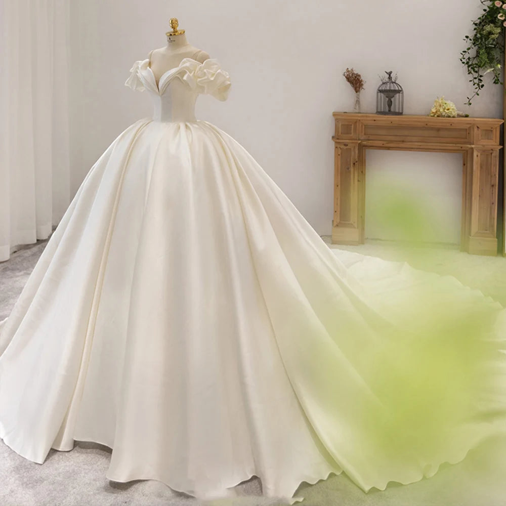 White Bridesmaid Dresses: Short Sleeve Neck Lace Up Back Satin Ball Gown