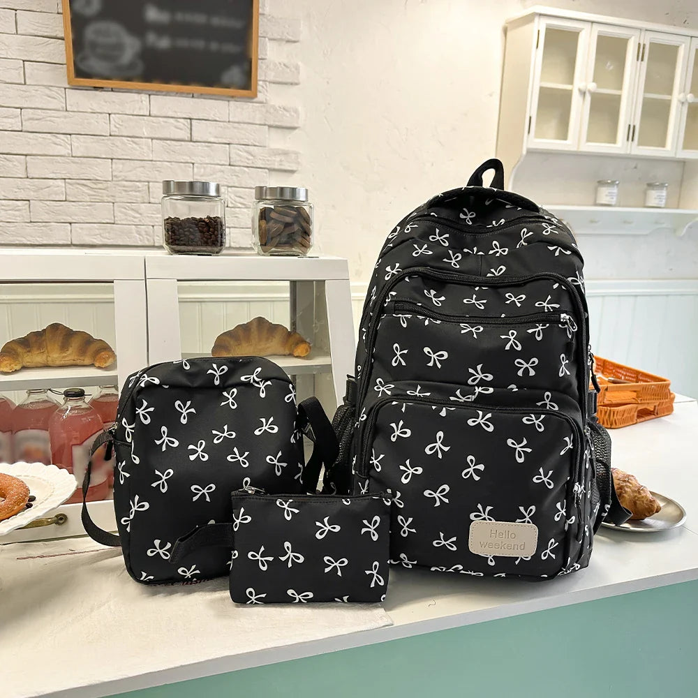 Korean Fashion Bow Print Women's Fashion Backpack Lightweight Simple Student Schoolbag Female Bag Set Three-Piece
