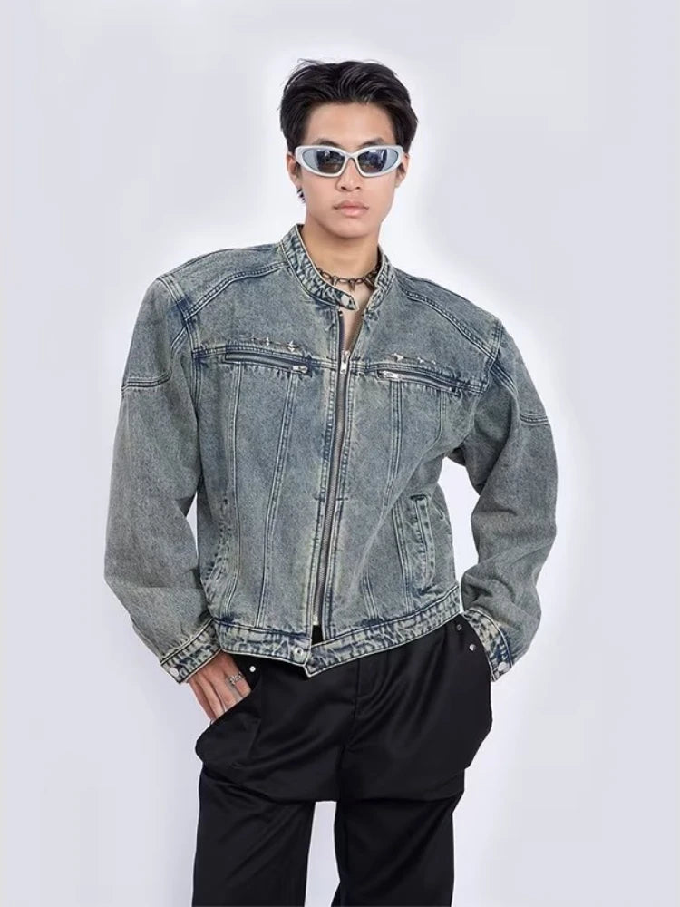 High Street Washed Denim Jackets Hip Hop Loose Zipper Metal Design Jean Jackets