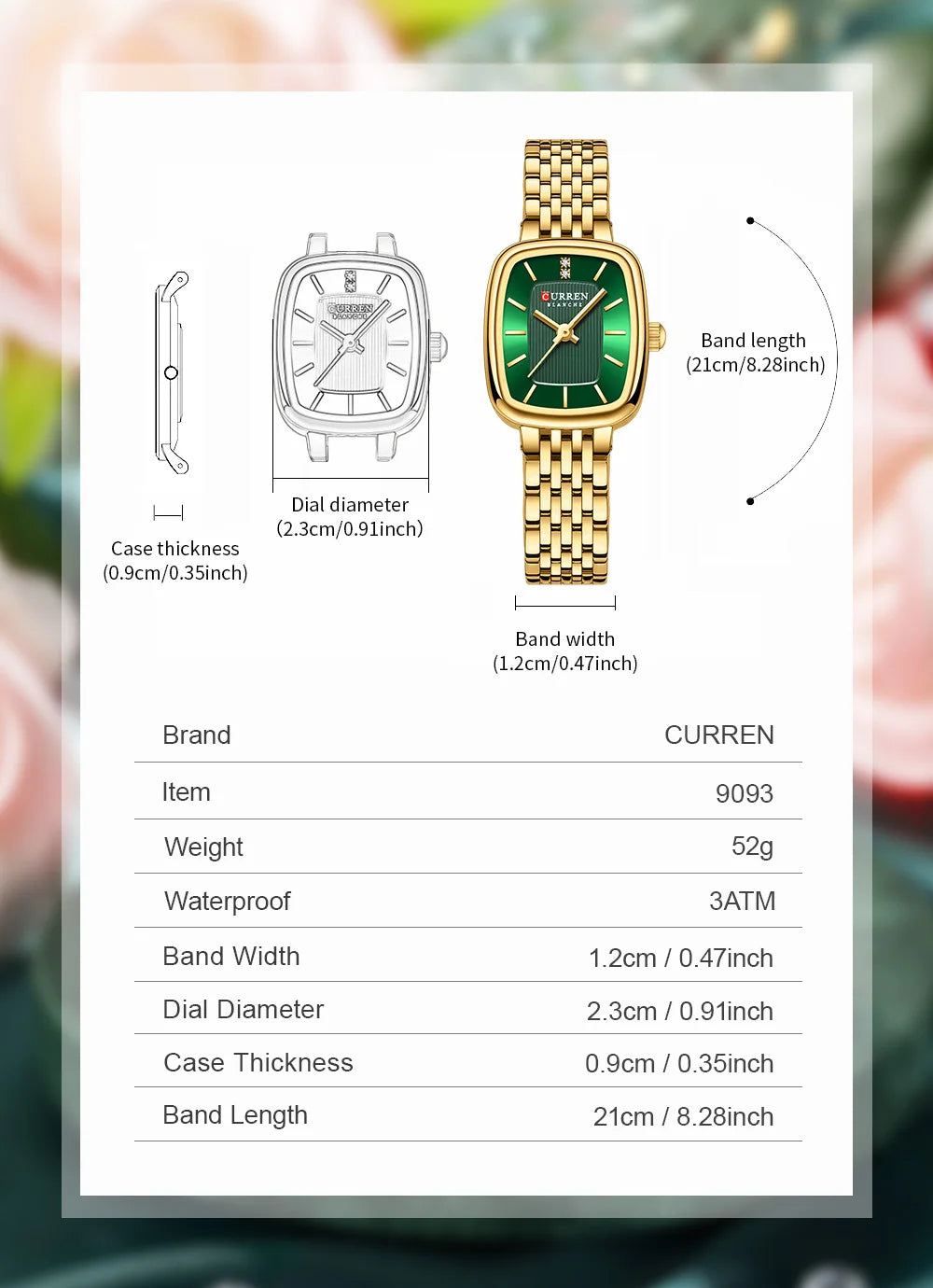 CURREN Fashion Rectangular Ladies Watches New Quartz Waterproof Stainless Steel Strap Wristwatch for Women