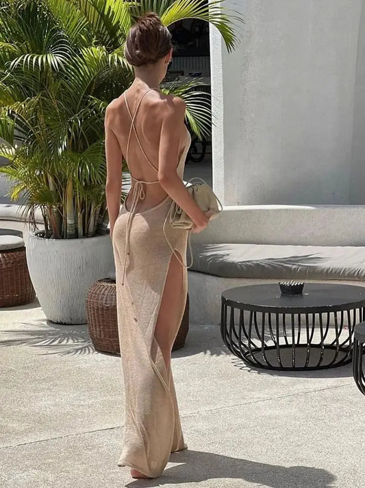 Beach Knitted Backless See-through Slit Halter Slip Long Dress