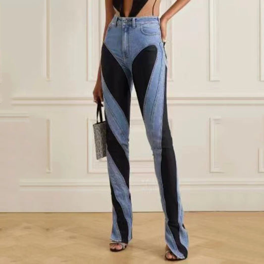 Women's jeans, colour blocking, slimming cotton pencil trousers