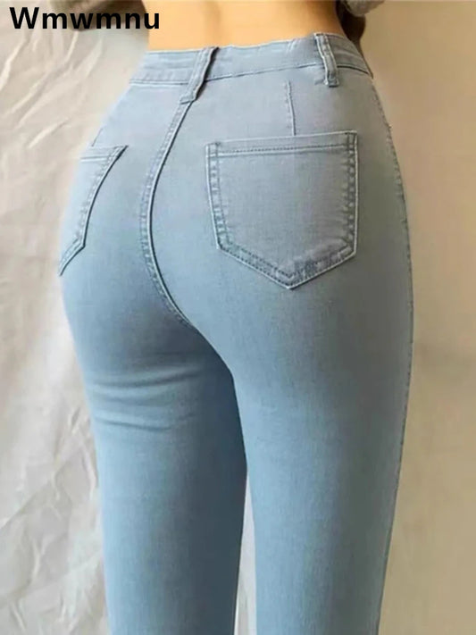 Skinny High Waist Blue Jeans Women Plus Size 38 40 Korean Fashion Slim Pencil