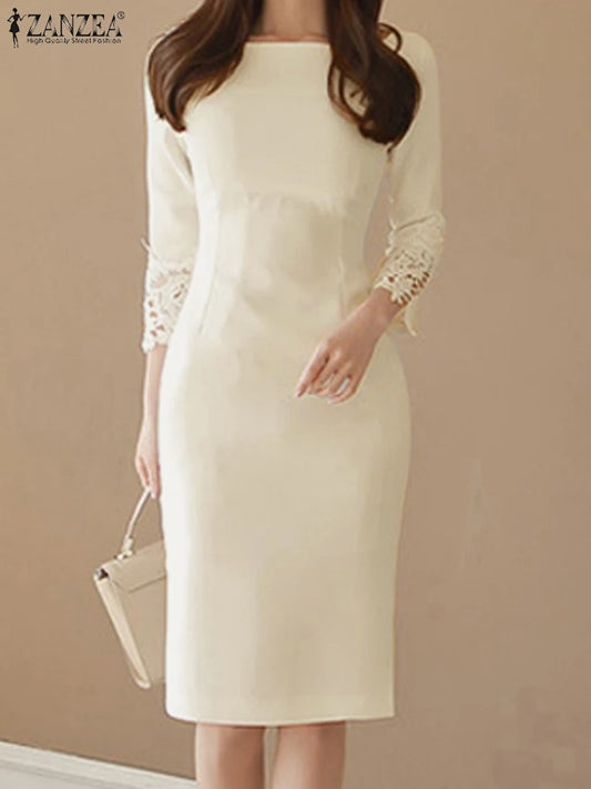 Formal attire Dresses: Women Lace 3/4 Sleeve Vestidos Korean Collect Waist