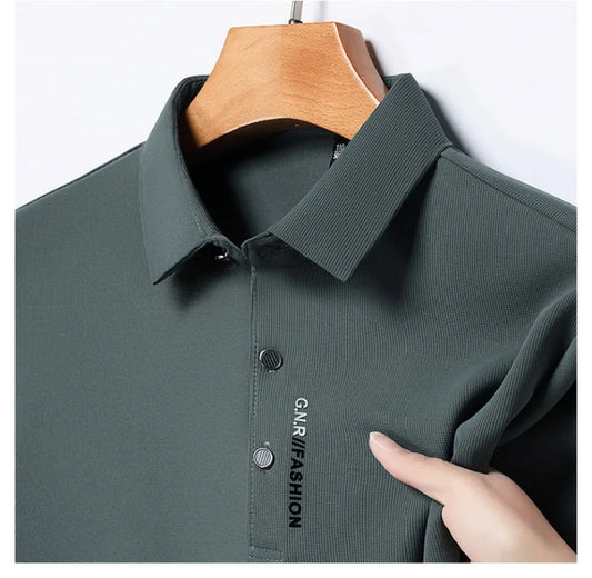2025 Men's Short Sleeve Solid Color Polo Shirt Breathable Comfortable Elastic Top New Arrivals Casual Business Style