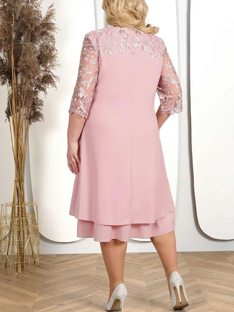 O-Neck Solid Color Long-Sleeved Dress Hollow Lace Fashion Casual Embroidery Chiffon Splicing Plus Size Women's Half Sleeve Dress