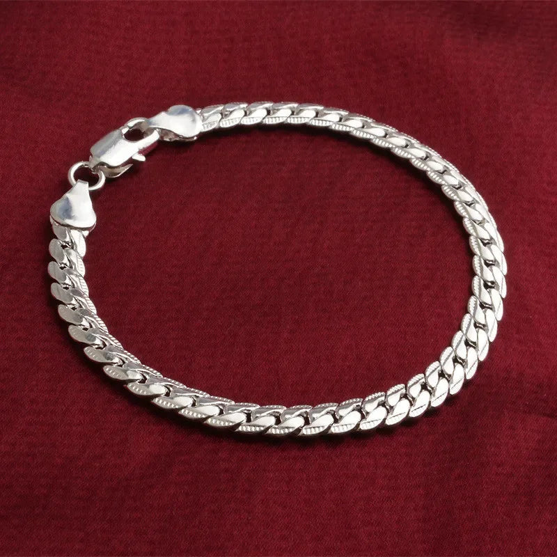 925 Sterling Silver Bracelet 6mm 18/20cm Flat Side Chain Lobster Clasp Bracelet For Woman Man Party Wedding Jewelry Holiday Gift