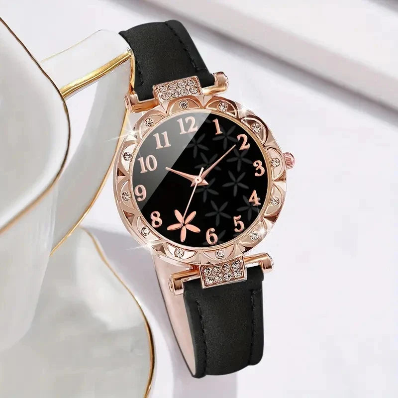 2PCS Women's Watch Set Luxury Trendy Flower Elements Digital Scale Dial Quartz Watch Suitable for Daily Clothing Matching