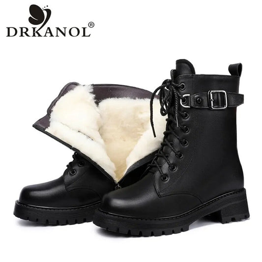 Winter Snow Boots Women Genuine Leather Natural Wool Square