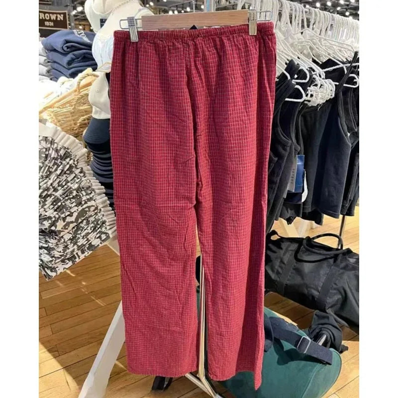 Sweet Women Red Pocket Pants 2024 Fashion Summer Ladies Red Plaid Sweatpants