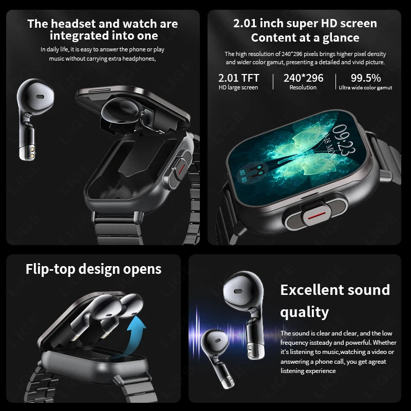 NFC Smart Watch TWS 2-in-1 Headset Bluetooth Call Heart Rate Blood Pressure Health Monitoring Headphones Play Music Smartwatch