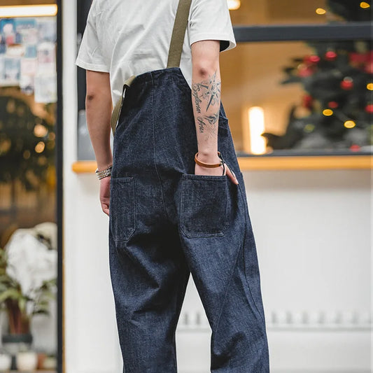 Maden Unisex Denim Overalls Vintage Jumpsuits Baggy Navy Deck Overalls