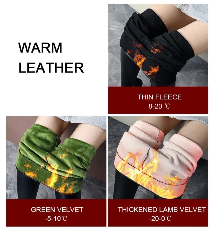 Women's Pants Velvet PU Leather Leggings Winter Ladies High Waist Fleece