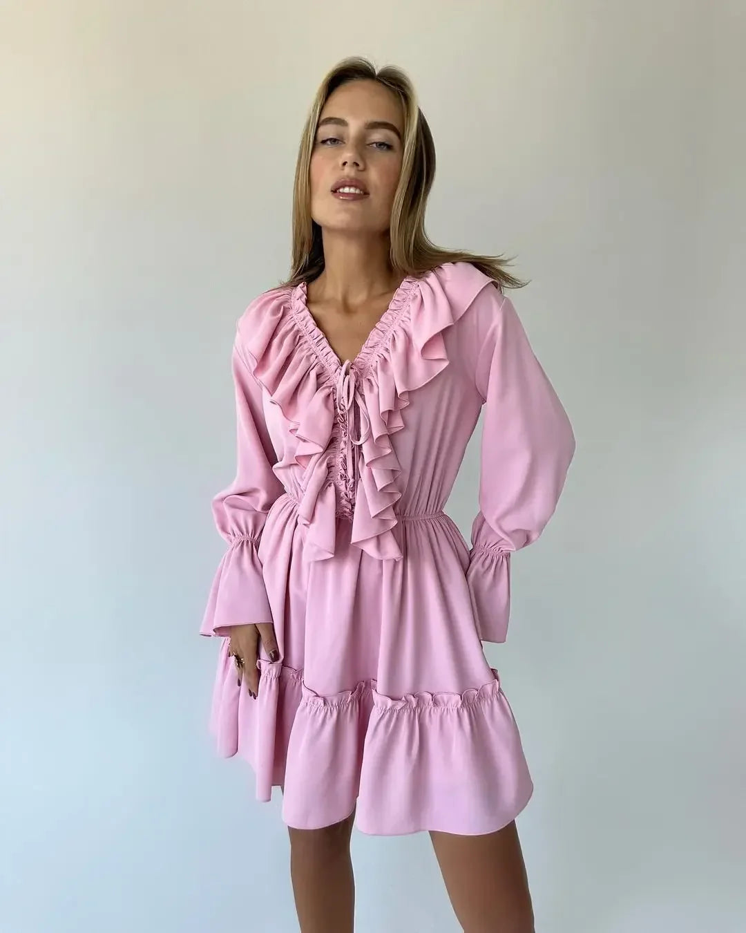 Talenza White Ruffle Bandage Mini Dress Women's Elegant Patchwork Long Sleeve Dress New Slim V Neck Lace Up Summer Mini Dress