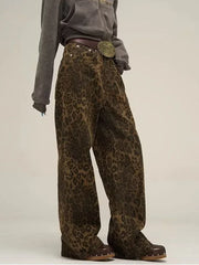 Leopard Jeans Women Denim Pants Female Oversize Wide Leg Trousers