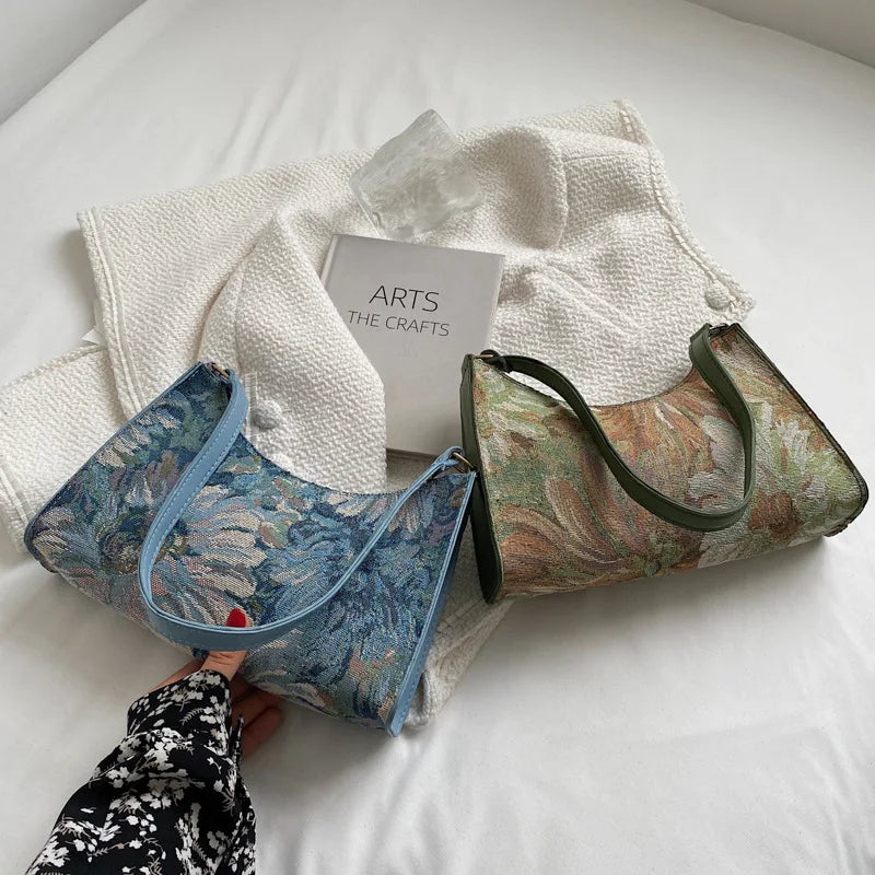 Fashion Vintage Women Oil Painting Design Shoulder Bags Ladies Simple Flower