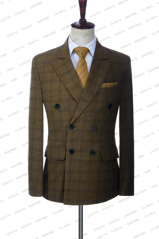 Fashion Men Suits Double Breasted Summer Slim Fit Brown Linen Plaid Tuxedo