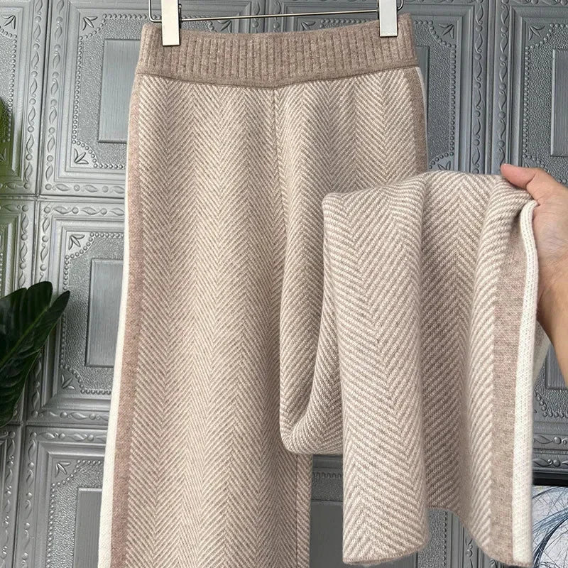 S-3Xl Elegant Woolen Wide Leg Pants Women Korean Fashion Striped Knitted Pants