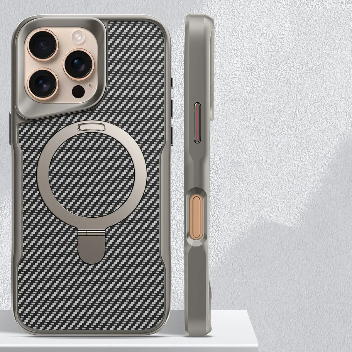 Desert Titanium metal holder carbon fibre magnetic phone case for iPhone 17 16E 15  Pro Max magsafe charging armor hard case