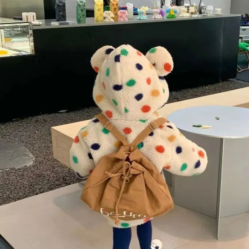 Girls Coat Rainbow Polka Dot Hooded Fleece Thickened Zipper Jacket Autumn Winter Coat