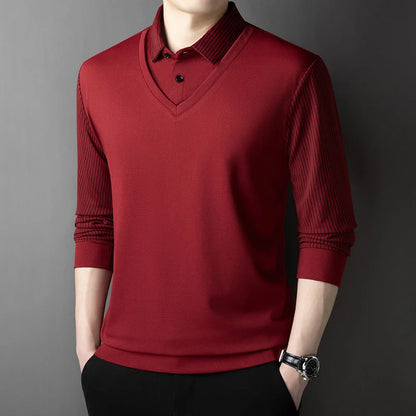 2025 New Men's Casual and Fashionable Long Sleeved Solid Color Fake Two-piece Polo Shirt Business All Season Versatile Top